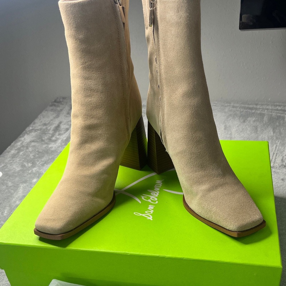 New Sam Edelman Ivette Sesame‎ Suede Block Heel Square Toe Ankle Boots 9.5M